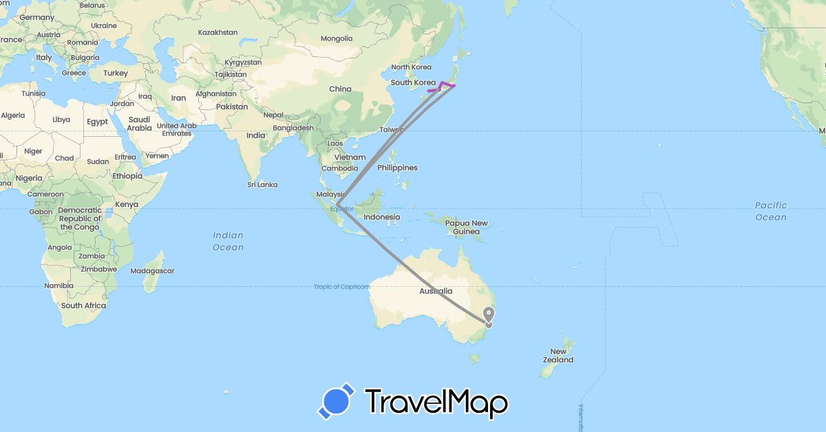 TravelMap itinerary: driving, plane, train in Australia, Japan, Singapore (Asia, Oceania)